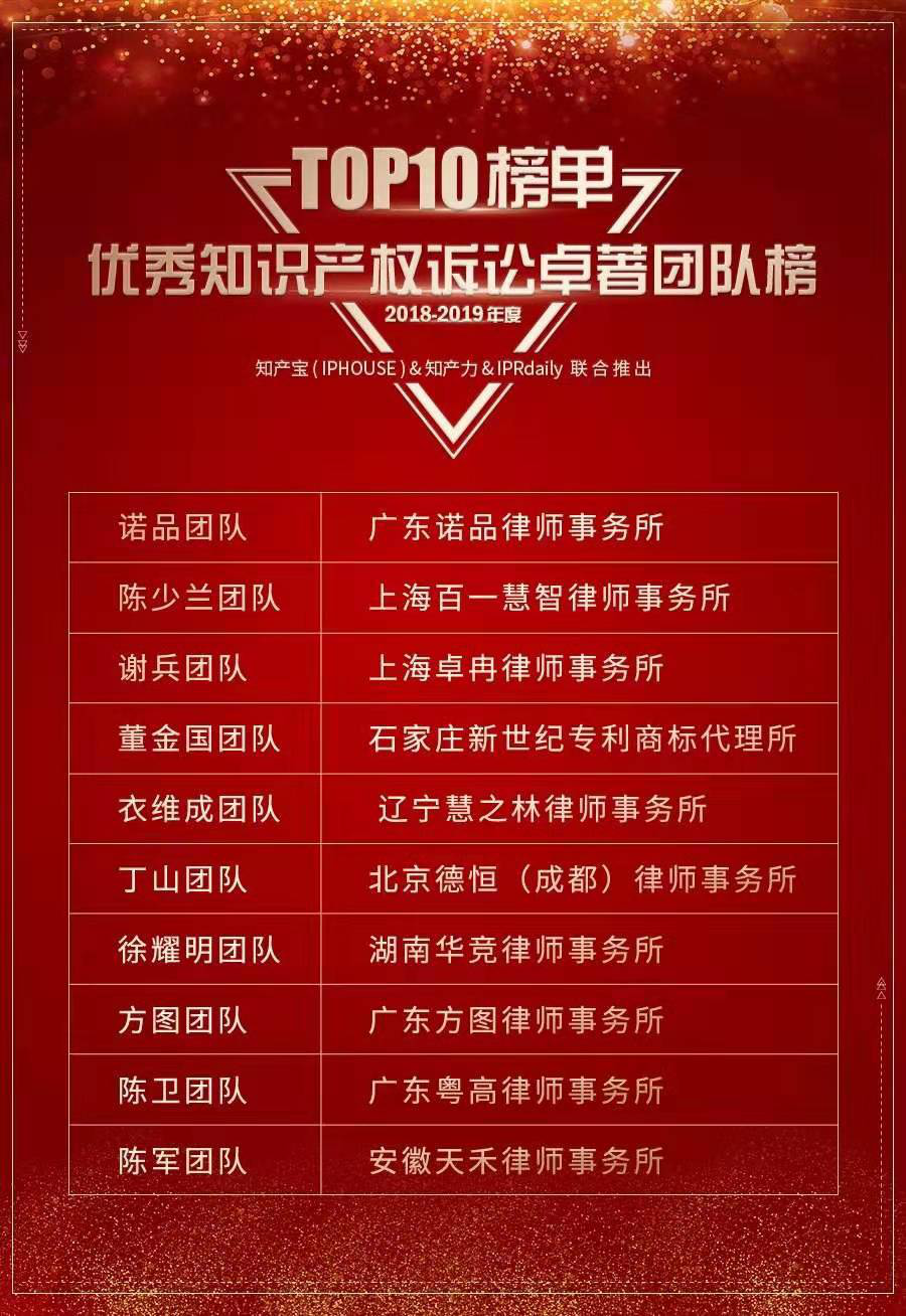 团队律师荣登2018-2019中国优秀知识产权诉讼卓著团队TOP10榜单